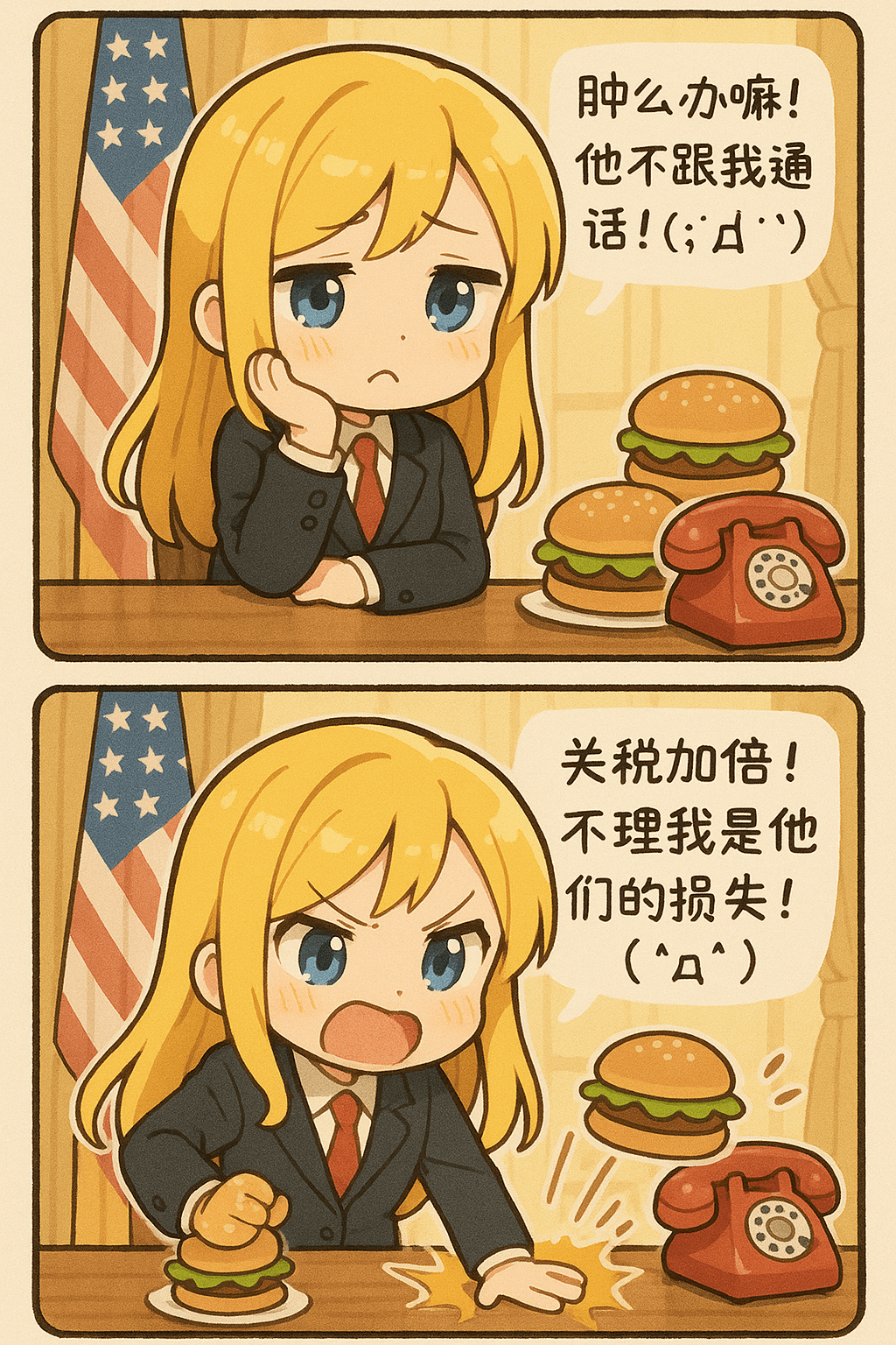 Create two-panel vertical manga in cute Japanese anime style