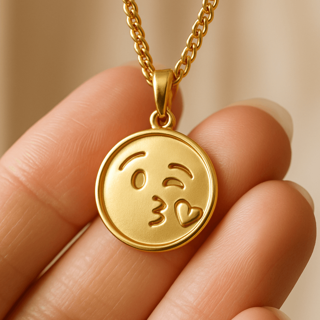 Close-up of gold pendant necklace held by female hand
