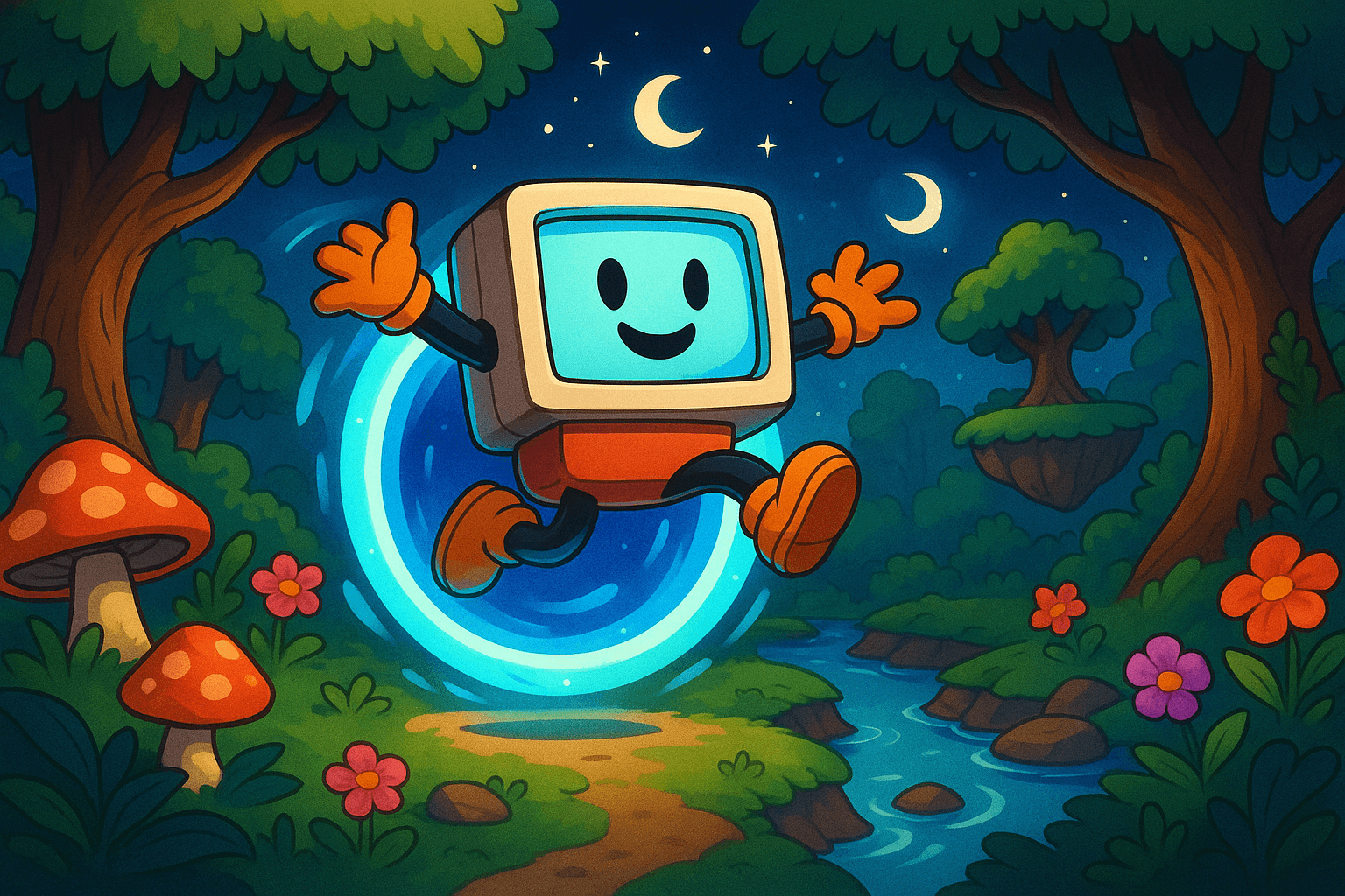 Cartoon-style character with smiling computer monitor its