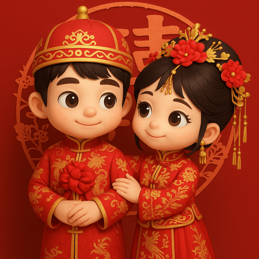 Transform the two people in the photo into chibi-style