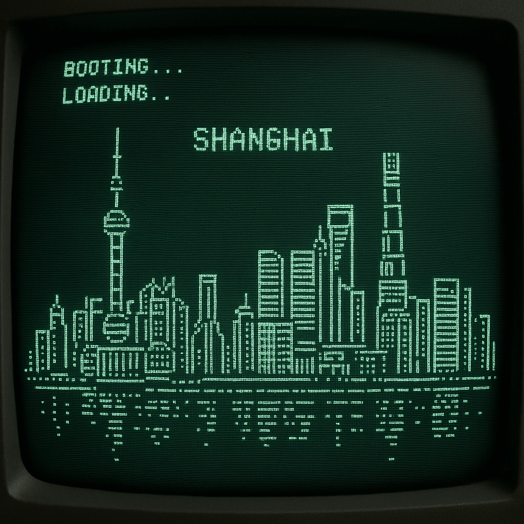 Retro CRT computer boot screen that resolves into ASCII-art