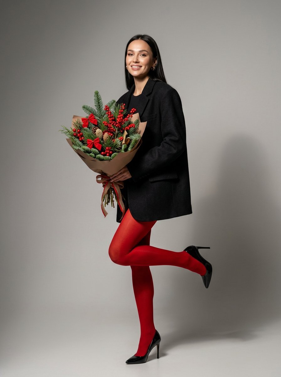 Studio photo of stylish woman standing on one leg