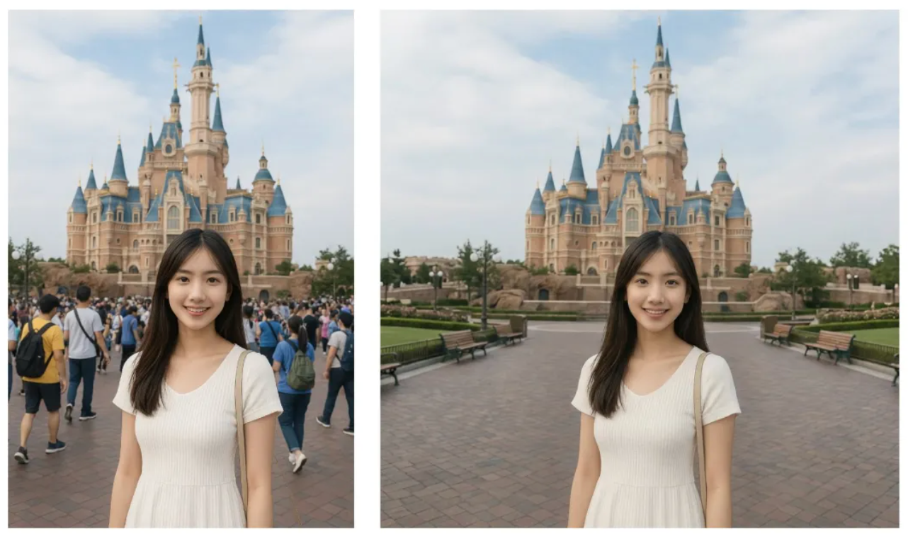 Remove all the tourists/people in the background behind
