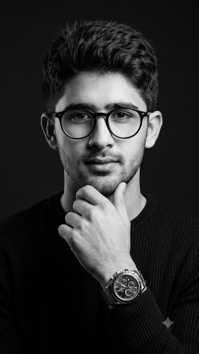 Create high-end cinematic black-and-white studio portrait of