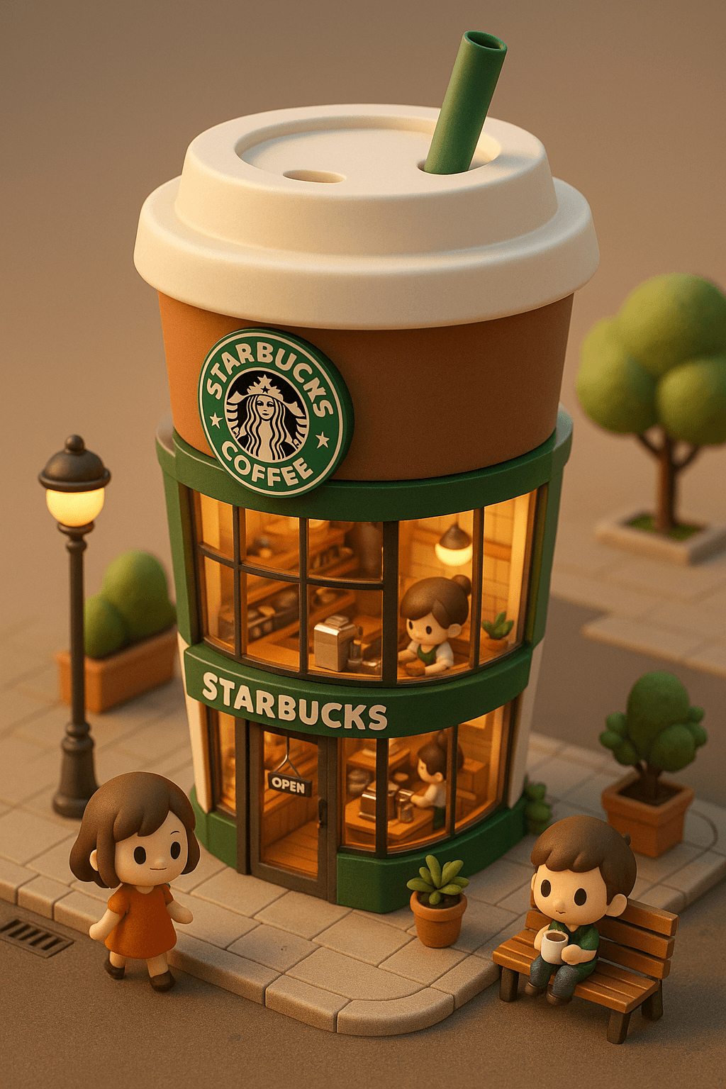 Chibi-style miniature design of whimsical Starbucks café
