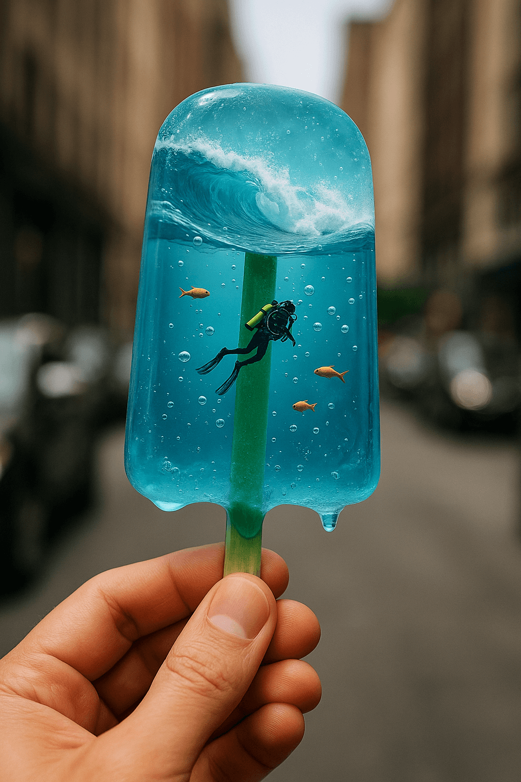 Tilt POV shot of hand holding surreal popsicle