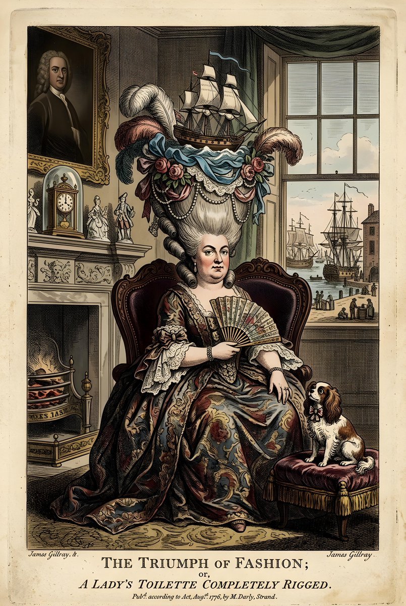 Vintage British caricature depicts woman with an elaborate