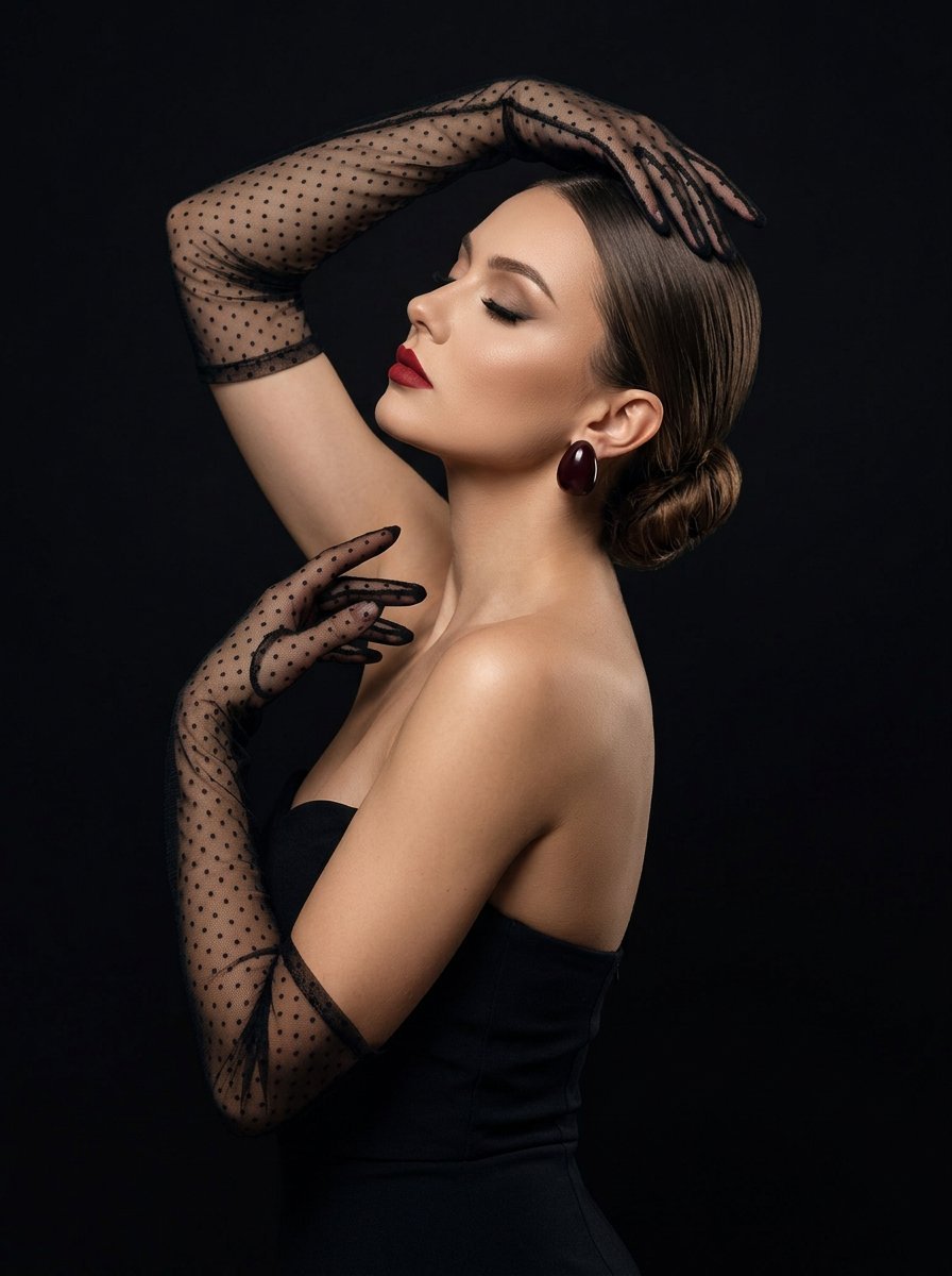 Woman poses in studio against dark background