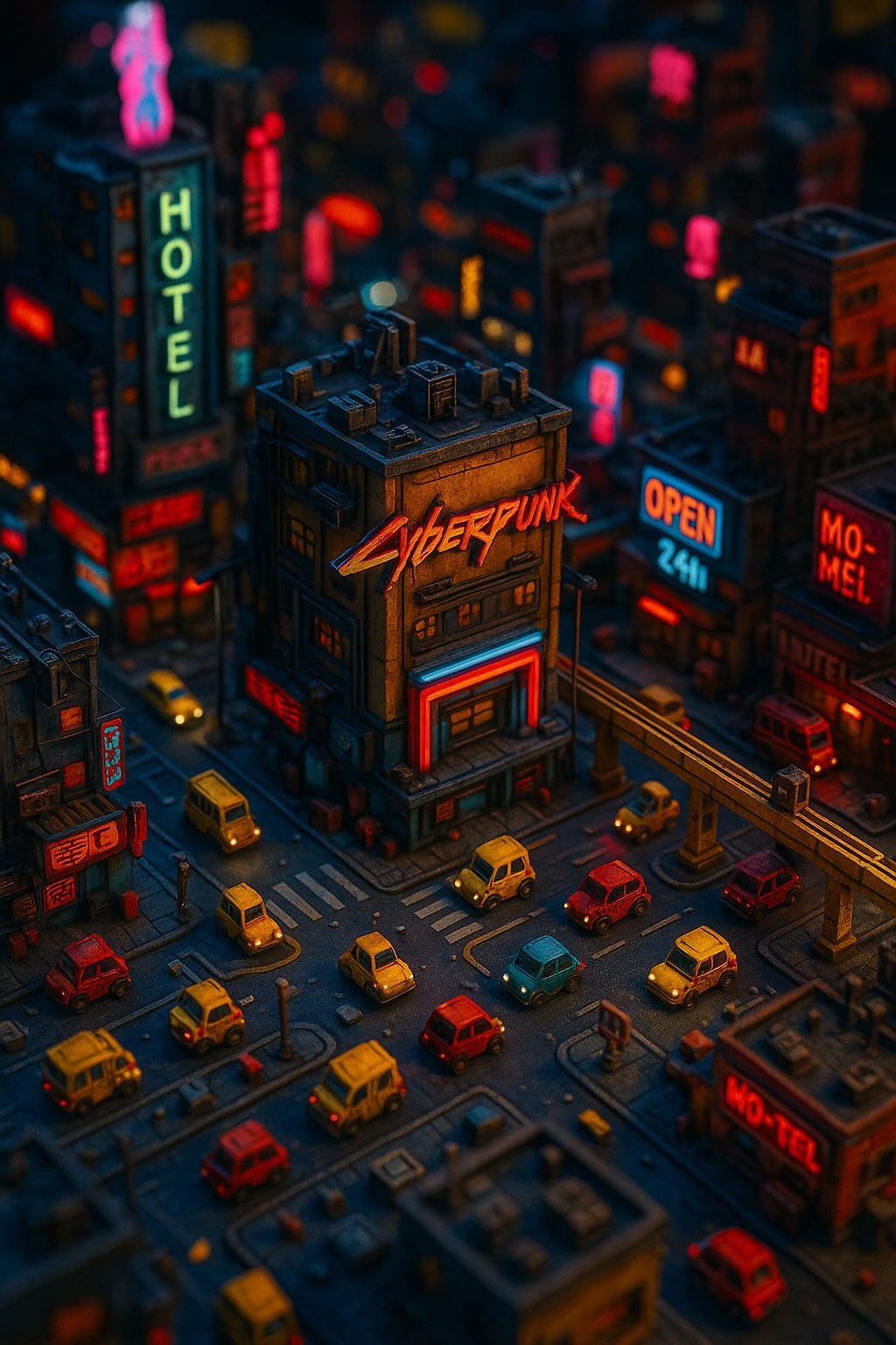 Miniature Cyberpunk landscape viewed from above using